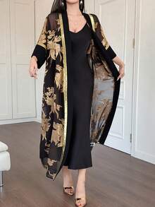 DAZY Elegant Gold Loose Jacquard Knit Cardigan Robe - Black - View 3