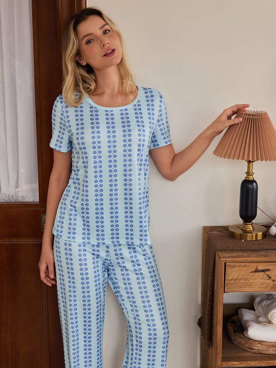 SHEIN Doze Lane Polka Dot Print Casual Round Neck Short Sleeve Pants Women Pajama Set - Baby Blue - View 1
