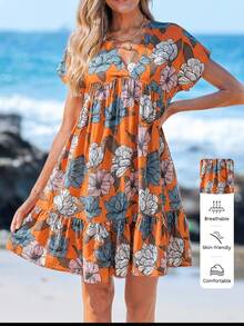 Sylviya Women's Casual Vacation Printed Round Neck Dress - Multicolor - View 1