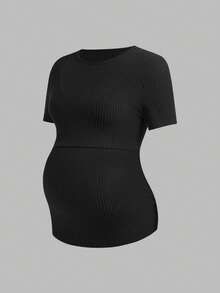 SHEIN Maternity & Nursing Casual Ribbed Crew Neck Short Sleeve Top, Summer - Green - View 7