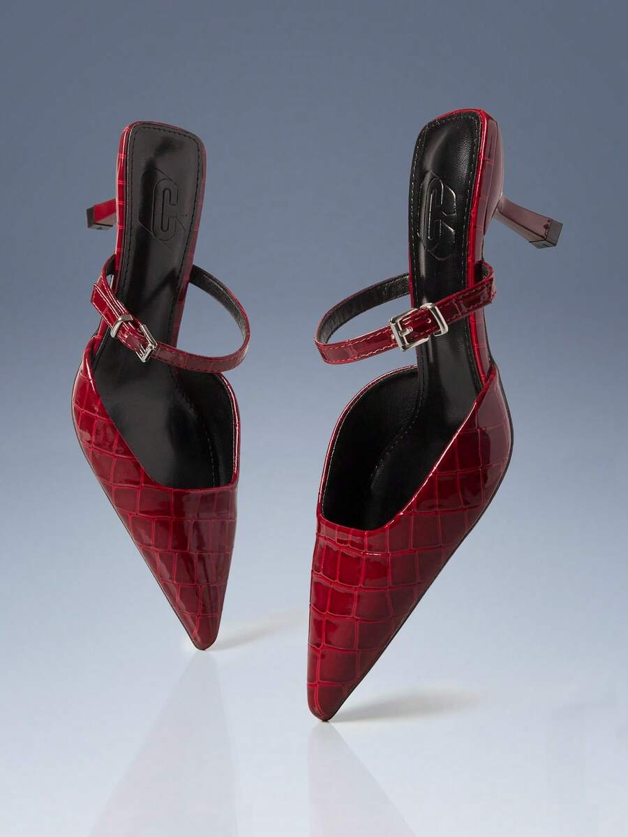 CUCCOO GRLICON Women's Black Fashion Pointed Toe Block Heel Pumps - Red - View 1