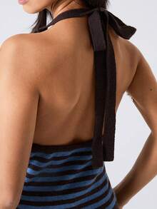 LYSMO 女士性感度假风休闲日常通勤撞色条纹露背系带针织上衣，夏季 - 彩色 - 查看 7