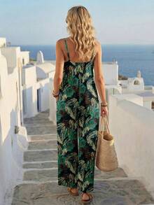 Faunlyn 休闲简约度假波西米亚风优雅浪漫复古热带植物印花图案女式连体裤，适合音乐节、海滩、度假、夏季外出等场合。 - 彩色 - 查看 2