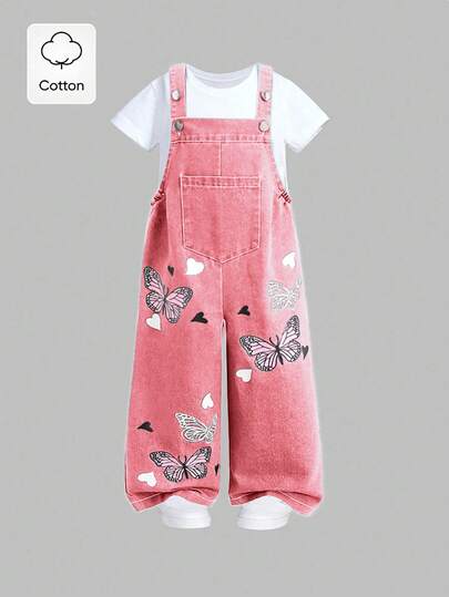Elladie kids Young Girl' Cute Cartoon Butterfly Print Denim Bib Pants, Casual & Fashionable For Summer Girls Overall Set Cotton Girls Clothes Kids Overalls Girls Butterfly Outfits For Young Girls Toddler Overalls Girl Toddler Girl Overalls Girls Overalls Overall For Girls Kids Girls Overalls, Overall Dress Kids,