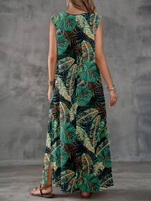 EMERY ROSE Casual Minimalist Vacation Bohemian Elegant Romantic Retro Tropical Plant Print Pattern, Beach Outfit, Vacation Outfit, Women Loose V-Neck Dress For Summer Outing - Multicolor - View 2