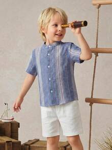 PrepCrw 2pcs Young Boys Elegant Urban College Blue & White Striped Woven Slim Fit Mandarin Collar Short Sleeve Top And White Shorts, Suitable For Casual Daily, Outings, Gatherings, Festivals, Spring & Summer - Multicolor - View 10