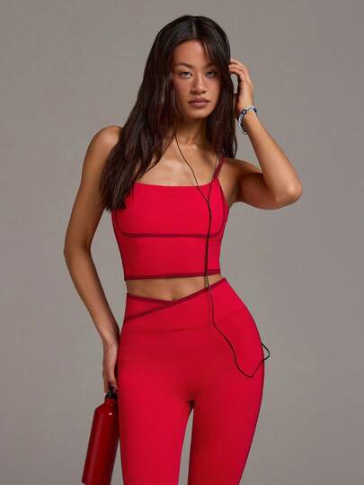 Athîral Women's Casual Red Patchwork Camisole Top And Long Pants Sports Suit