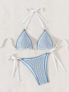 Swim Mod Women Hollow Out Blue Shell Floral Pearl Accented Sexy Style Triangle Bikini Summer - Blue and White - View 4