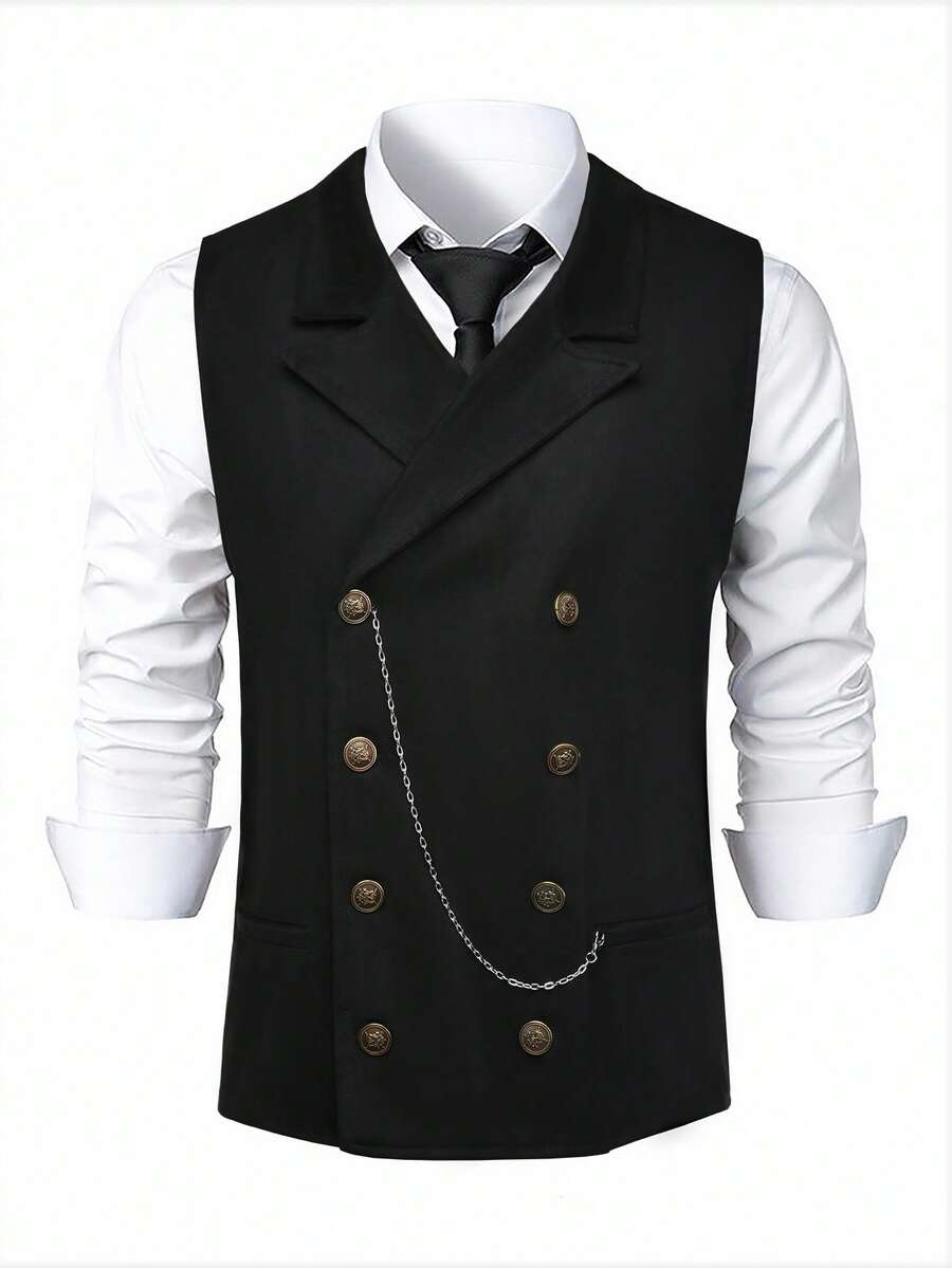 Manfinity Mode Double-Breasted Fashionable & Elegant Lapel Collar Versatile Suit Vest - Black - View 1