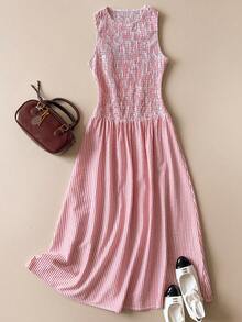 Muvela 春夏新款粉白条纹圆领无袖褶皱松紧腰喇叭下摆连衣裙，优雅嘉年华派对时尚都市通勤工作装 - 淺藍色 - 查看 5