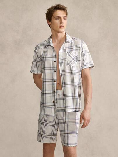 Men's Casual Loose Contrast Plaid Short Sleeve Cardigan And Shorts Set, British Style Home Outfit