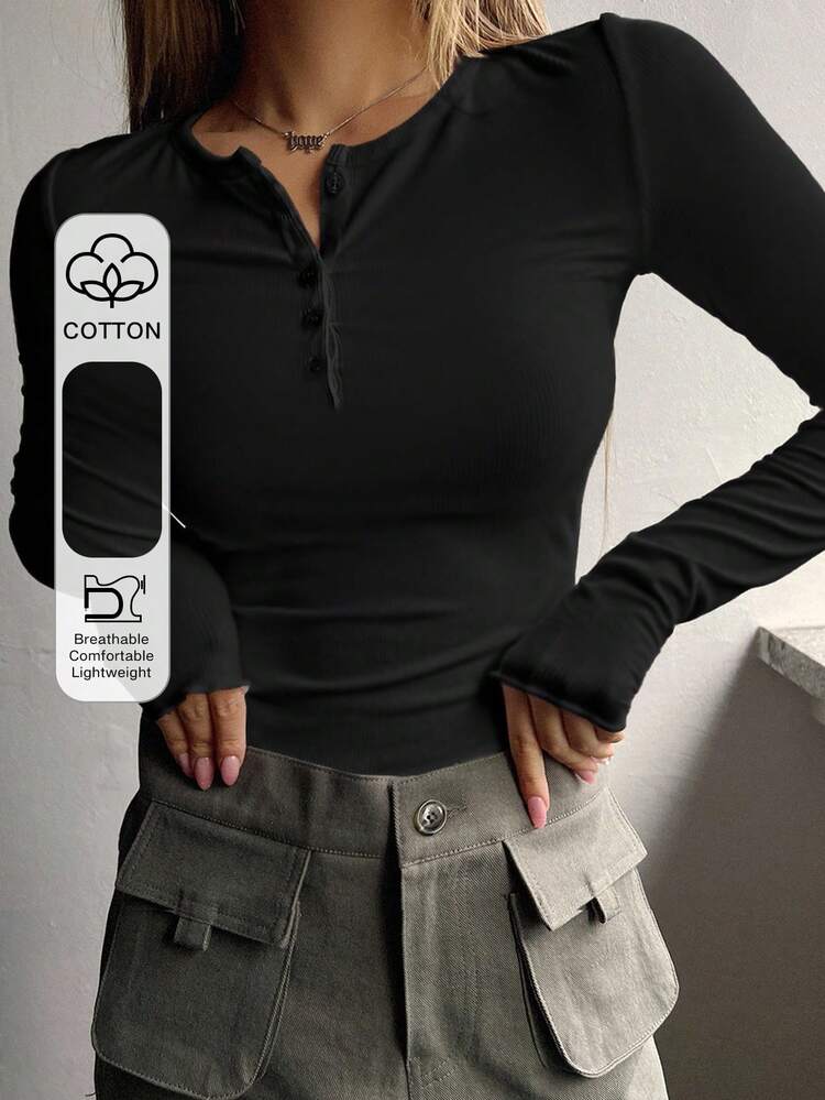 Women's Elegant Fitted Basic Long Sleeve Cotton T-Shirt, Solid Black Color, Spring/Summer