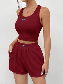 SHEIN EZwear 酒紅色針織無袖女款運動休閒背心套裝，春夏短版短褲兩件組，紅色女套裝 Club Two - 酒紅色 - 查看 3