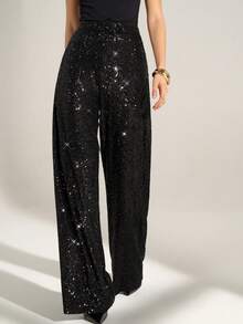 SHEIN Tall High Waist Sequin Wide Leg Pants For Party - Black - View 7