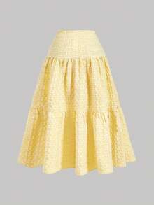 SHEIN MOD 大码女式黄色碎花纹理长款连衣裙两件套，多层荷叶边下摆，适合约会、度假、野餐、海滩等场合，舒适透气。 - 黃色 - 查看 10