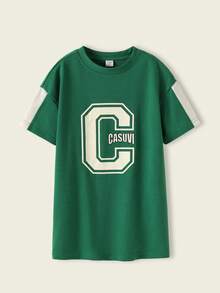 Casuvi Kids 儿童女童休闲宽松圆领短袖落肩字母印花连衣裙，复古美式风格，夏季新品 - 墨綠色 - 查看 1