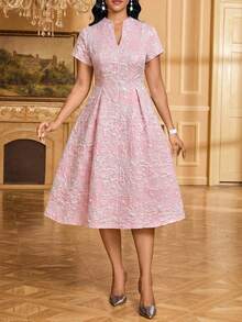 SHEIN Lady Women's Elegant Jacquard Cutout Neck Waist Midi Dress, Summer - Pink - View 4