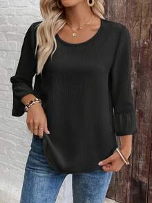 EMERY ROSE 女士纯色圆领休闲百搭七分袖衬衫 - 黑色 - 查看 3