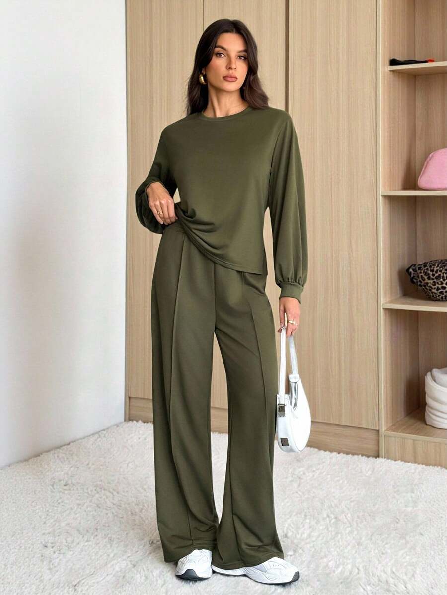 SHEIN Tall 女士休闲纯色简约长袖上衣裤套装（2件套） 女士长袖两件套 舒适两件套 女士休闲两件套 女士两件裤套装 女士秋季冬季服装 - 墨綠色 - 查看 1