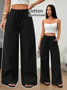 SHEIN PETITE 女士夏季/四季皆宜乡村音乐会外出海滩波西米亚风简约水洗100%纯棉弧形裤脚裤 - 黑色 - 查看 1