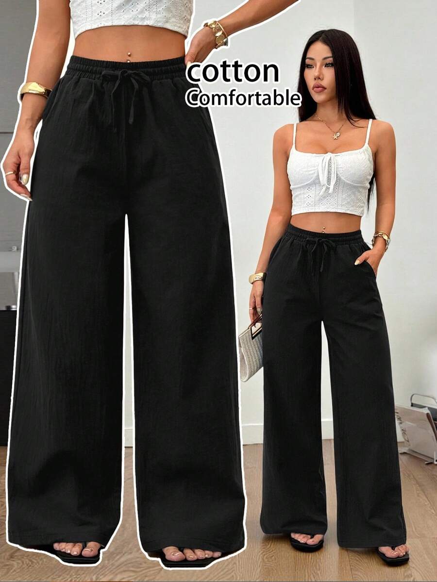 SHEIN PETITE 女士夏季/四季皆宜乡村音乐会外出海滩波西米亚风简约水洗100%纯棉弧形裤脚裤 - 黑色 - 查看 1