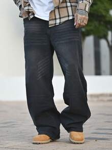 Devon Thys 1pc Men's Vintage Washed Distressed Straight Leg Loose Casual Baggy Wide Leg Jeans, With Frayed Hem - Black - View 1
