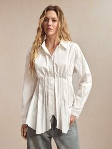 BizChic 春夏新款白色翻领纽扣不对称褶裥下摆衬衫，时尚优雅，适合狂欢派对和都市通勤。 - 白色 - 查看 5