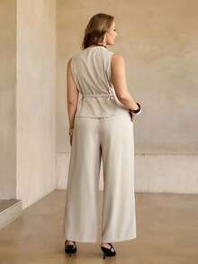 Roveilla 两件套女士加大码圆领金属纽扣前襟胸袋系带无袖衬衫搭配前拉链宽松阔腿裤，优雅复古法式办公室通勤商务休闲套装，秋冬季 - 杏色 - 查看 2