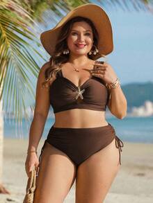 Swim Lushoire Set Pakaian Renang Pesta Pantai Wanita Ukuran Besar, Atasan Motif Bintang Laut Polos dengan Tali Lebar dan Tali Serut Samping di Pinggang serta Bawahan Segitiga - Coklat - View 5