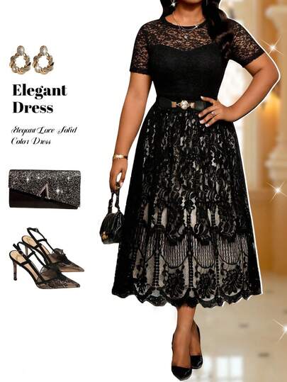 Fleurora 春夏优雅通勤办公鸡尾酒会音乐会/音乐节黑色针织蕾丝中长半身裙，大码可选，适合派对、嘉年华、节日等场合，春季女士时尚优雅复古蕾丝百搭半身裙