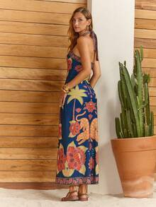 CAJUNI Women's Sexy Backless Tropical Floral Print Dress, Beach Vacation Style - Multicolor - View 2