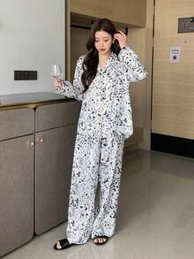 DAZY Satin Animal Print Contrast Trim Decorated Women Pajama Set - White - View 6