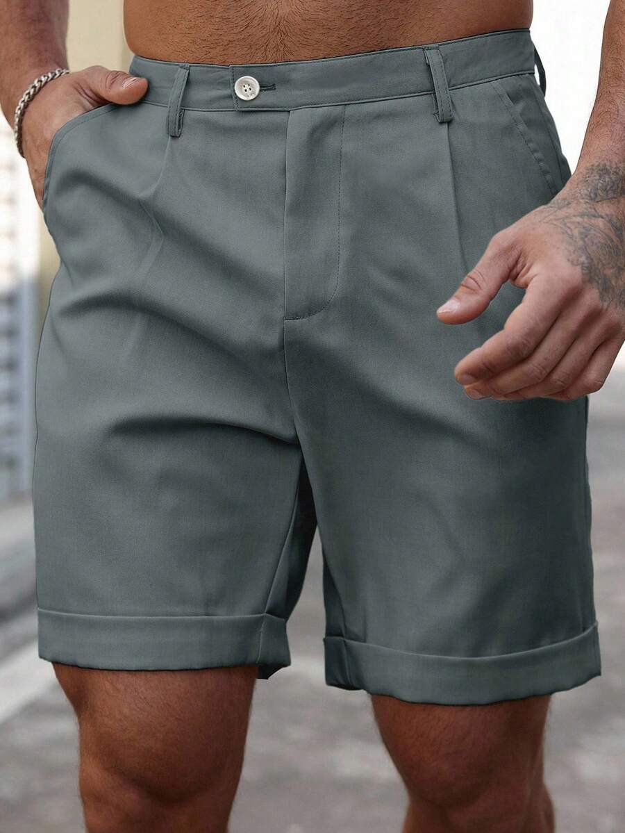 Manfinity Homme Plusstorlekar herrshorts i enfärgat, sneda fickor, veckade, avslappnade och mångsidiga - Grå - Visa 1