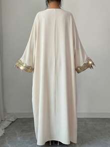 Elenzga 女士休闲绿色蕾丝拼接无袖连衣裙，配宽松外袍，两件套，早春 - 卡其色 - 查看 2