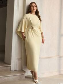 ZEYLAH Đầm dài ôm dáng, xếp ly, cài cúc, eo bất đối xứng, thích hợp cho mùa xuân/hè. - Vàng nhạt - Xem 6