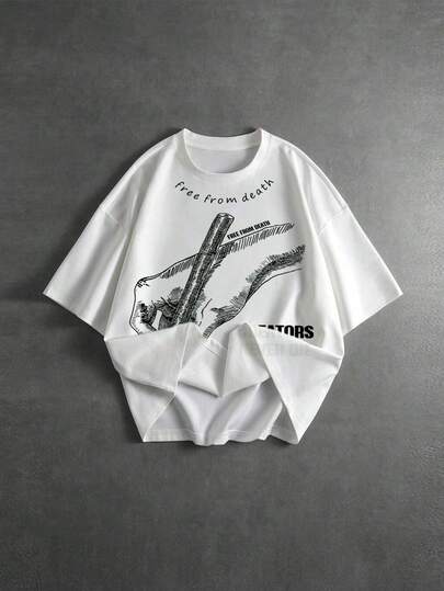 ROMWE MEN Men's Casual Fashionable Street Pencil Slogan Print Loose Fit White T-Shirt, Summer