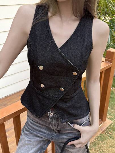 DAZY Women's Vintage Washed Black Design Lapel Sleeveless Denim Vest Cardigan Cropped Top, Suitable For Spring And Summer