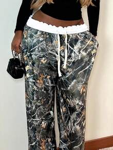 Women's Spring/Summer Back To School Basic Knit Camo Stretchy Comfortable Army Green Wide Leg Sweatpants - Green - View 4