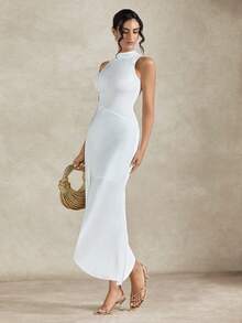 Briarwyn 夏季女士立领无袖纯色拼接腰部不对称下摆休闲连衣裙，女士夏季连衣裙，女士情人节服装，优雅派对连衣裙，白色连衣裙，夏季服装，夏季度假服装，女士春季服装，情人节，优雅派对连衣裙，优雅派对连衣裙，女士婚礼宾客连衣裙，白色连衣裙 - 白色 - 查看 2