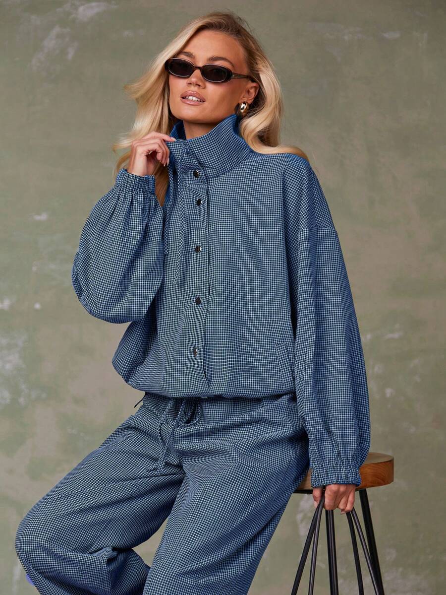 Athîral 女士休闲格子拉链立领落肩外套，秋季款 - 寶藍色 - 查看 1