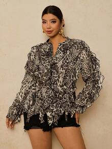Travachic Plus Size Women Chiffon Leopard Print Long Sleeve Blouse, Leopard Print Ruffle Hem Shirt - Grey - View 7