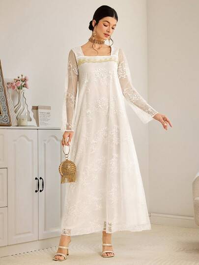 Al Najma Women's Elegant Square Neck Long Sleeve Arabic Style Dress