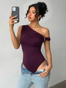 Aloruh Women's Metallic Embellished Slim-Fit Asymmetrical Bodysuit, Women's Beach Bikini Bodysuit, Casual Bodysuit, Casual Holiday Outfit, Elegant Beachwear. - Purple - View 1