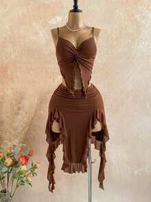 Soleia 两件套女士纯色扭结吊带背心和不对称下摆半身裙套装 - 咖啡棕 - 查看 4