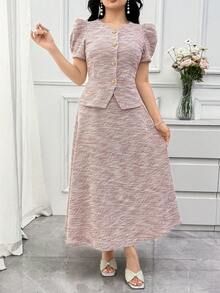 DAZY Women's Elegant Puff Sleeve Blouse And Skirt 2 Pieces Set, Summer - Pink - View 3