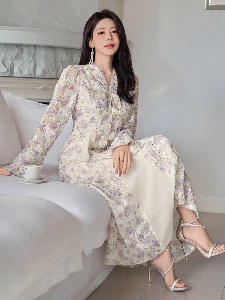 Women's Elegant Floral Contrast Color Patchwork Flare Ruffle Sleeve Shirt And Skirt 2-Piece Set, Spring/Summer,Wedding Guest Dress Women