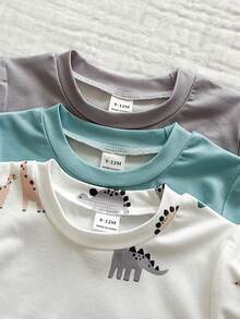 SHEIN Vintaside Kids 3pcs Toddler Casual Dinosaur Pattern Knit Set, Short Sleeve T-Shirt, Spring/Summer - Multicolor - View 4
