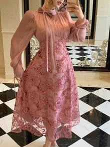 DAZY Đầm dài ngang gối thanh lịch dành cho nữ, phối sequin, cổ bèo nhún, tay phồng, thích hợp cho dự tiệc cưới mùa xuân/hè, đầm maxi hoặc đầm mùa hè. - Hồng - Xem 6