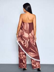 SOLERSUN Bộ jumpsuit nữ dáng rộng, trễ vai, in hoa, chất liệu chiffon, hoàn hảo cho kỳ nghỉ, hẹn hò hoặc những buổi đi chơi thường ngày, trang phục thường nhật sang trọng. - Đỏ - Xem 2