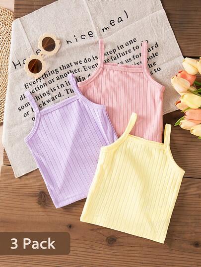 SHEIN 3件套女婴提花吊带背心。无袖设计，清爽透气，可爱时尚，马卡龙粉彩色系，甜美明亮，百搭实用。面料柔软舒适，休闲可爱风格，适合春夏外出、户外玩耍、度假、日常穿着和旅行。